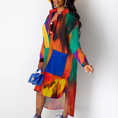 Print Pocket Design Button Detailed Shirt Dress
