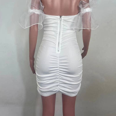 Solid Puff Sleeve Sheer Mesh Ruched Bodycon Dress