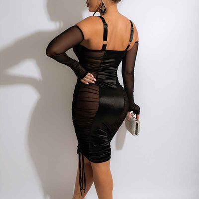 Solid Sleeveless Sheer Mesh Drawstring Midi Dress