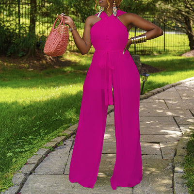 Solid Sleeveless Spaghetti Strap Mesh Jumpsuit