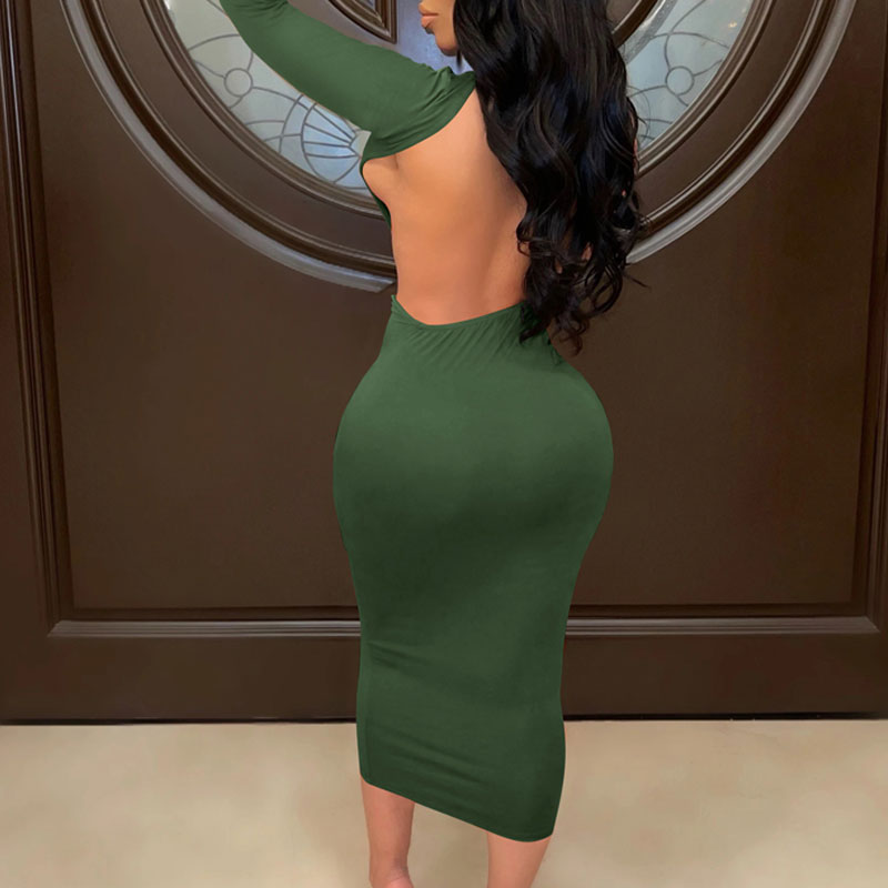 Solid Long Sleeve Slit Backless Top & Skirt Set