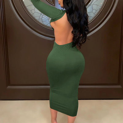 Solid Long Sleeve Slit Backless Top & Skirt Set