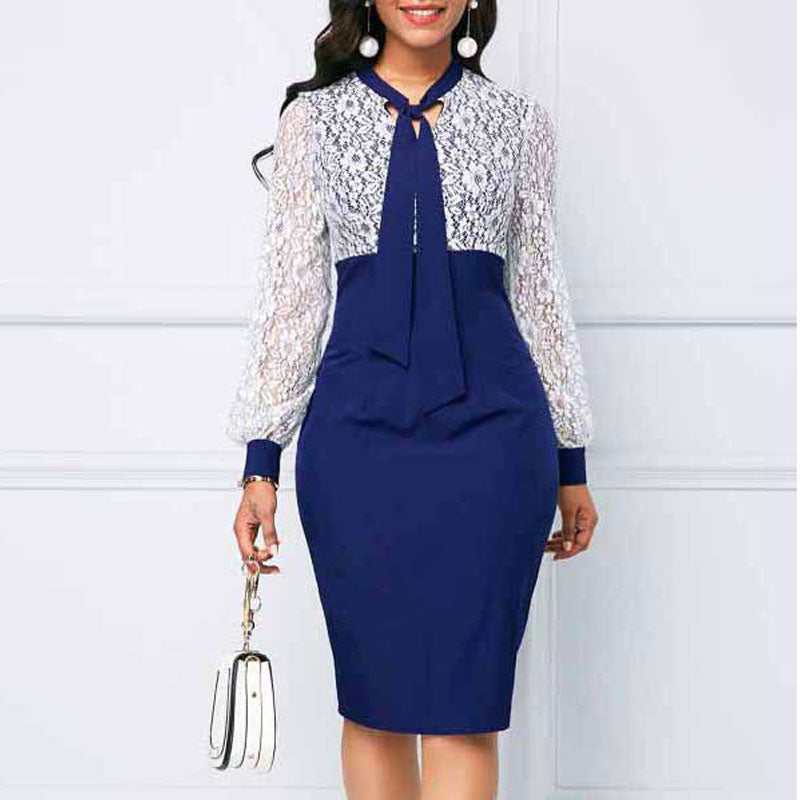 Colorblock Long Sleeve Lace Patchwork Tied Bodycon Dress