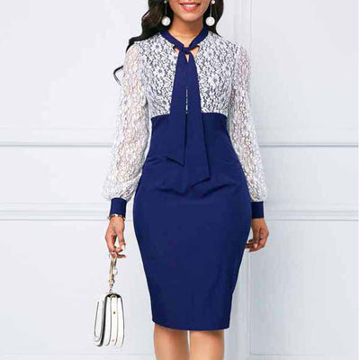 Colorblock Long Sleeve Lace Patchwork Tied Bodycon Dress