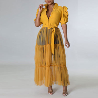 Solid Lantern Sleeve Sheer Mesh Patchwork Shirt Dress