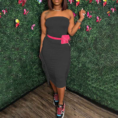Solid Off Shoulder Tassel Design Midi Dress