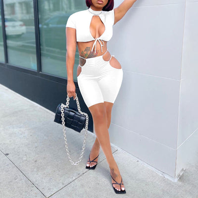 Solid Short Sleeve Hollow Out Skirts Set