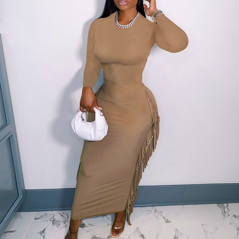 Solid Long Sleeve Tassel Design Maxi Dress