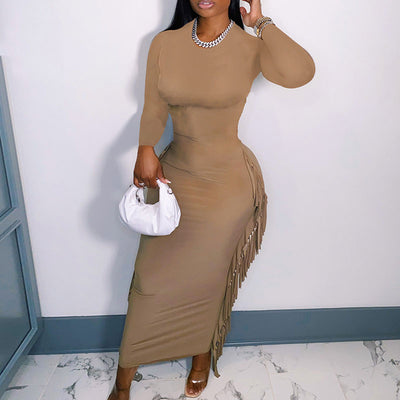 Solid Long Sleeve Tassel Design Maxi Dress