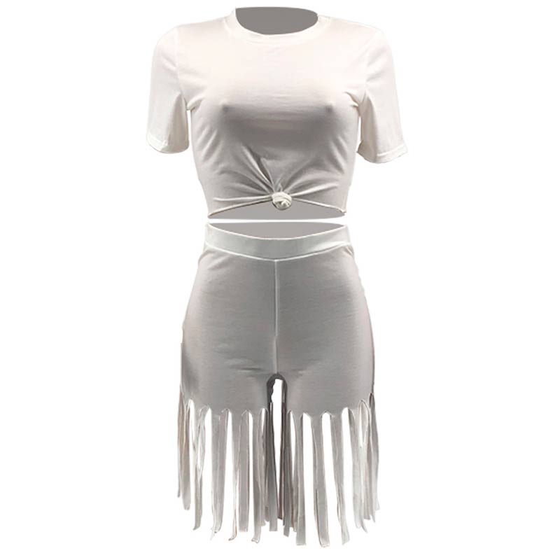 Solid Short Sleeve Crop Top & Tassel Design Shorts Set