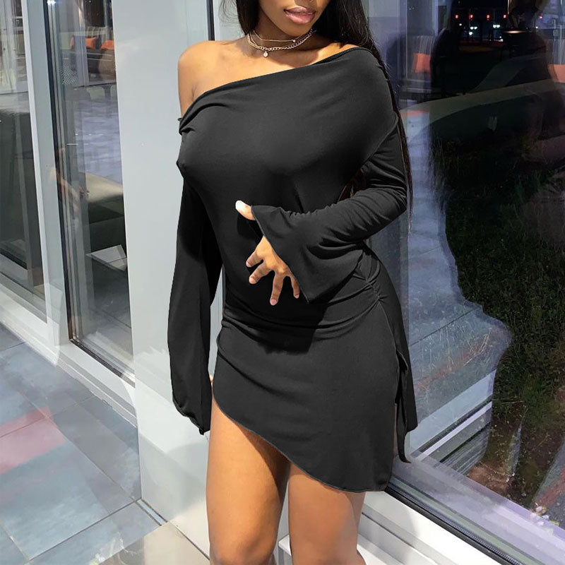 Solid Oblique Shoulder Long Sleeve Slit Bodycon Dress