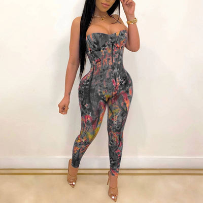 Tie Dye Print Halter Sleeveless Jumpsuit