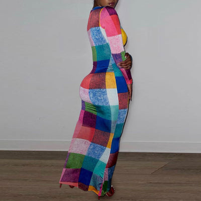 Plaid Pattern Deep V-Neck Long Sleeve Maxi Dress