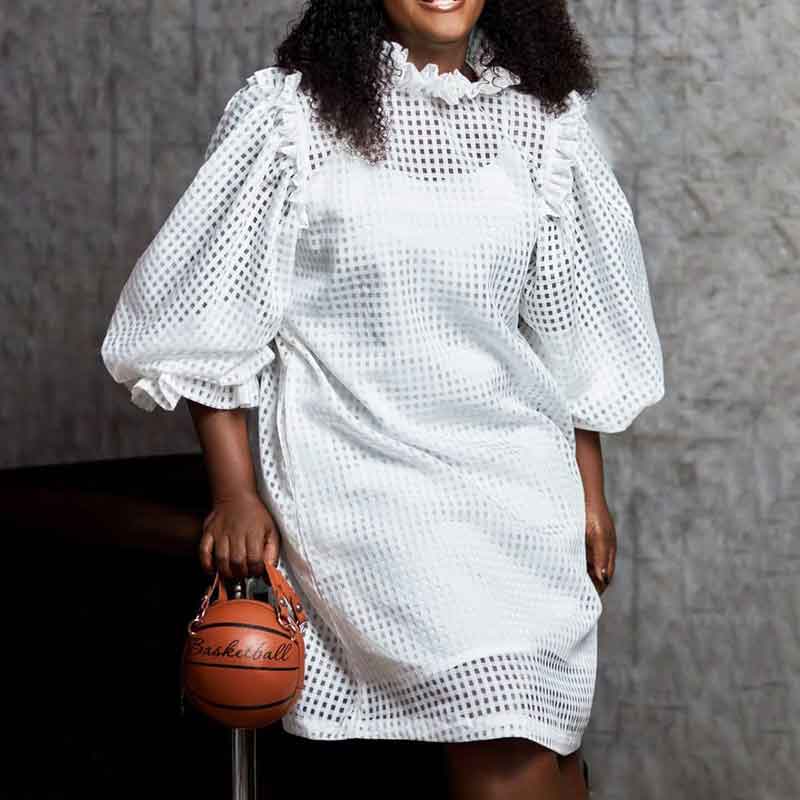 Solid Puff Sleeve Hollow Out 2PCS Dress Set