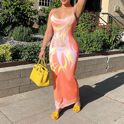 Print U Neck Backless Maxi Dress