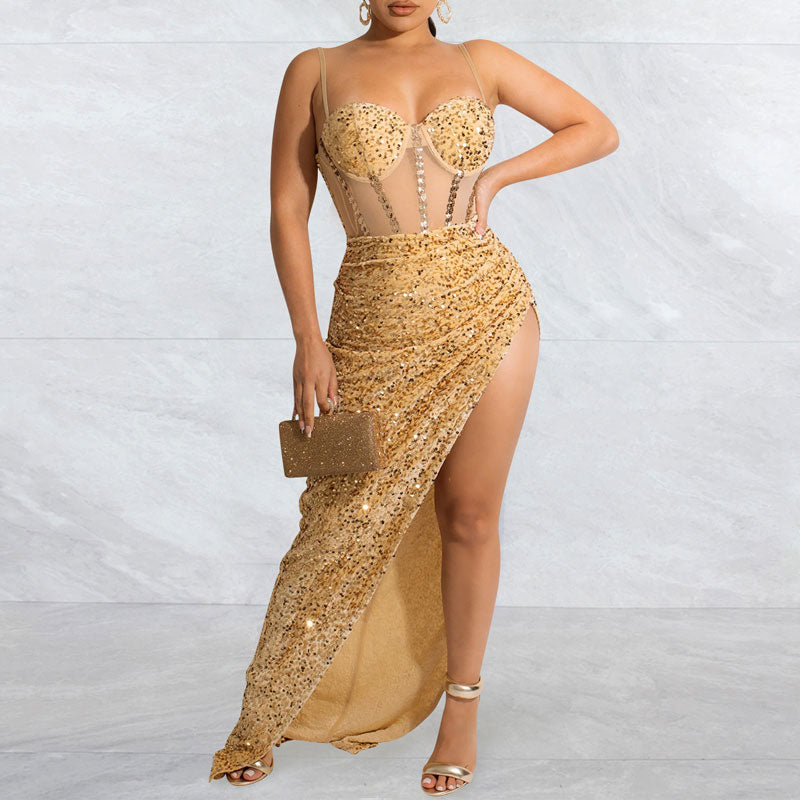 Sequins Sleeveless Spaghetti Strap High Slit Maxi Dress