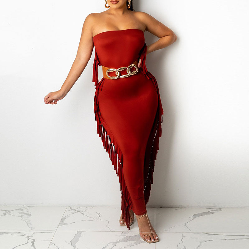 Solid Off Shoulder Tassel Design Maxi Dress（Without Belt）