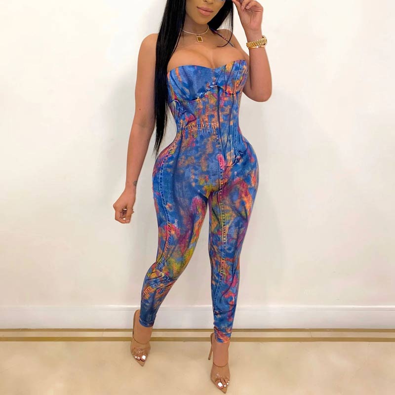 Tie Dye Print Halter Sleeveless Jumpsuit
