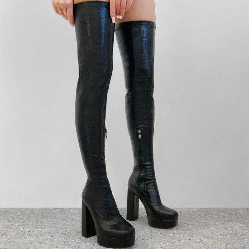 Solid Platform Chunky Heeled Knee-High Boots