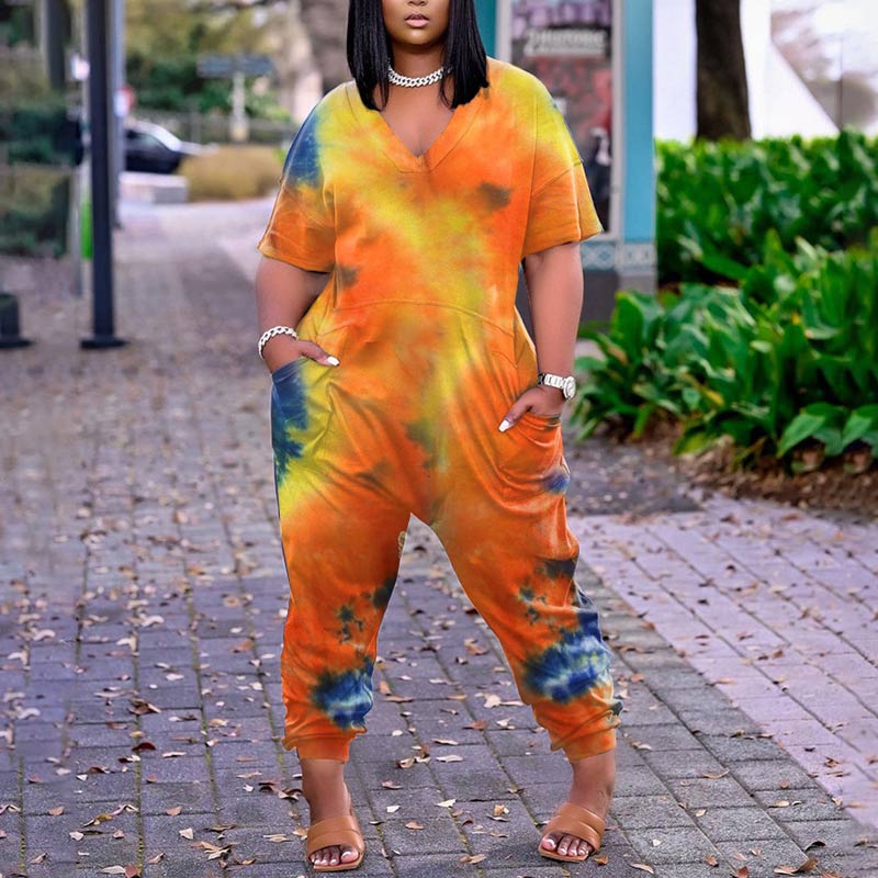 Tie Dye Print Short Sleeve Casual Jumpsuit