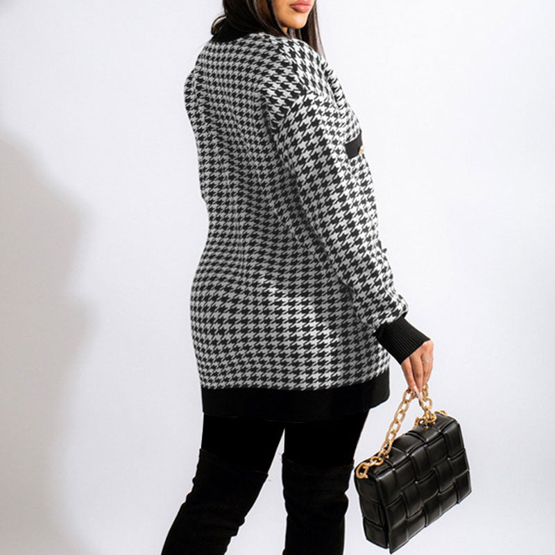 Houndstooth Pattern Long Sleeve Button Detailed Coat