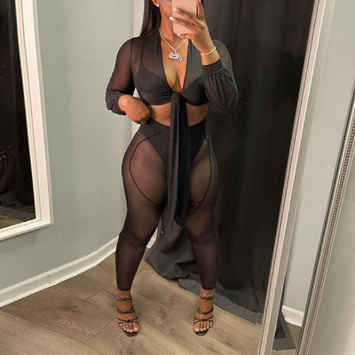 Solid Sheer Mesh Crop Top & Pants Set