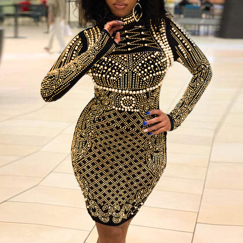 Rhinestone Beaded Long Sleeve Bodycon Dress
