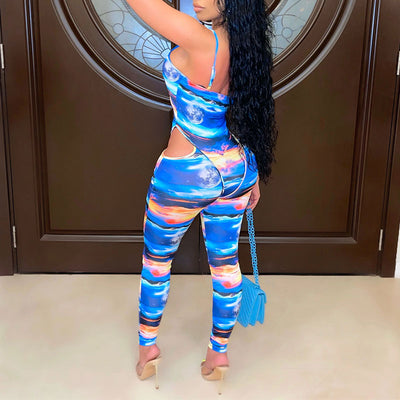 Tie Dye Print Drawstring Cut Out Jumpsuit