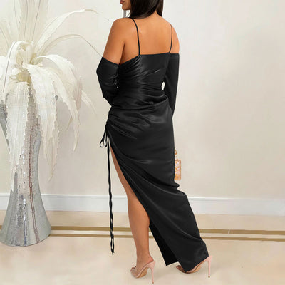 Solid Cold Shoulder Long Sleeve Spaghetti Strap Drawstring Dress