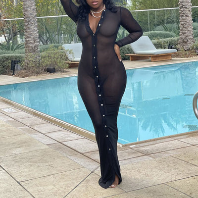 Solid Long Sleeve Sheer Mesh Beach Cover Up Dress