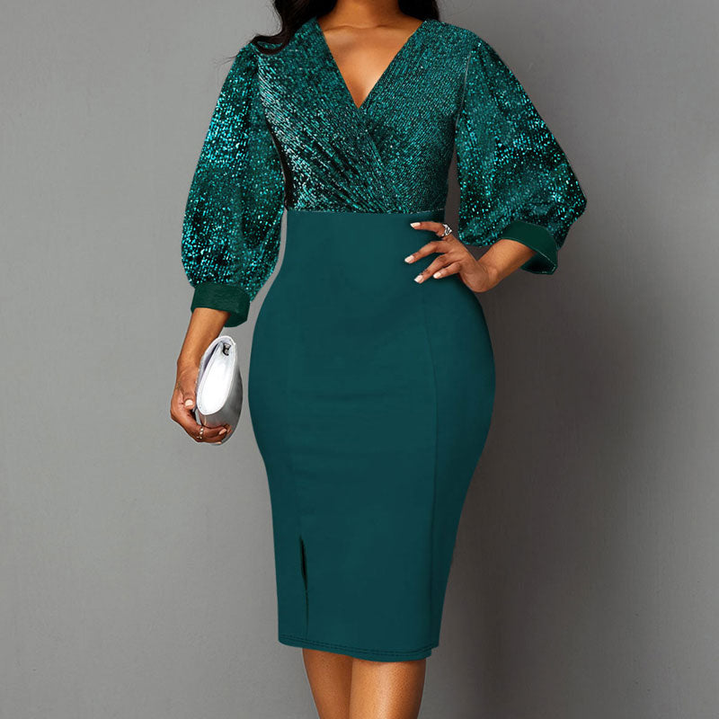 Glitter V-Neck Long Sleeve Bodycon Dress