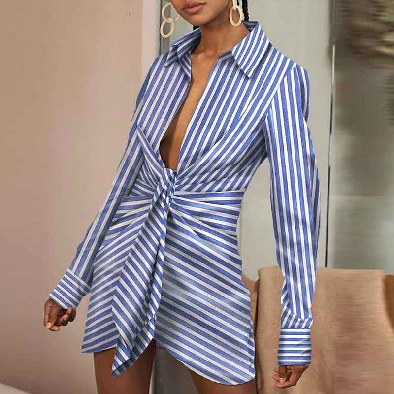 Striped Pattern V-Neck Long Sleeve Shirt Dress