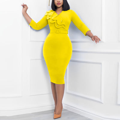 Solid Beaded Ruffled Midi Dress