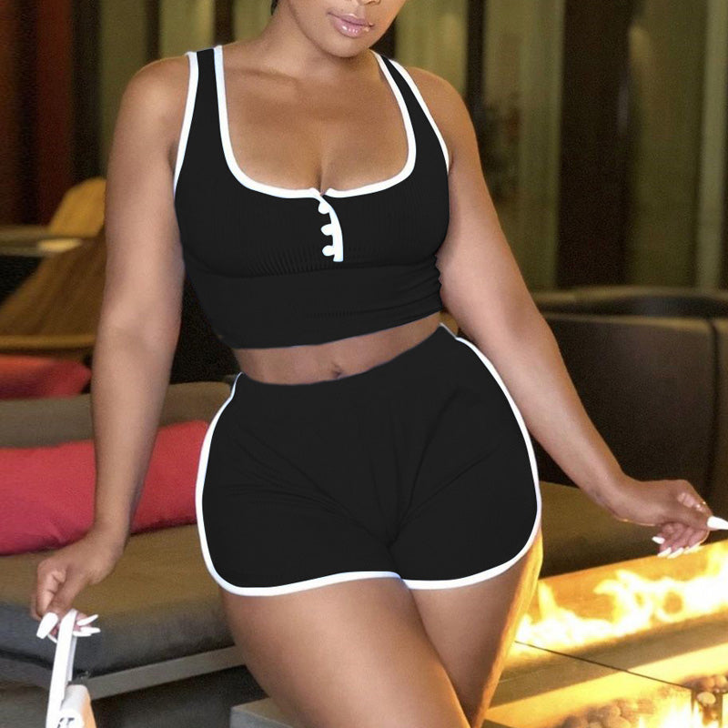 Button Ribbed Design V-Neck Sleeveless Top & Shorts Set