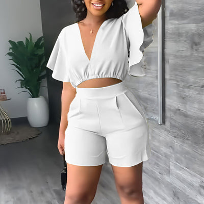 Solid V-Neck Ruffles Crop Top & Shorts Set