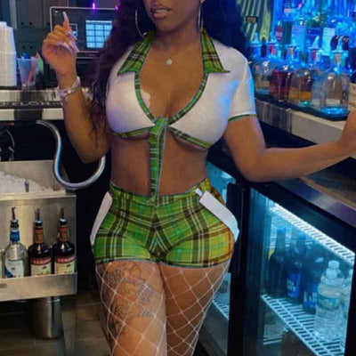 Plaid Pattern Short Sleeve Crop Top & Shorts Set