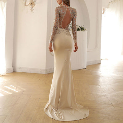 Sequins Long Sleeve Sheer Mesh Patchwork Maxi Dress