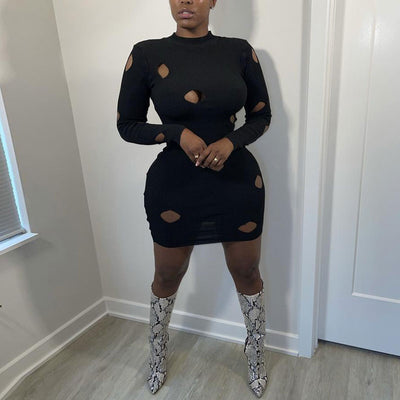 Solid Long Sleeve Hollow Out Bodycon Dress