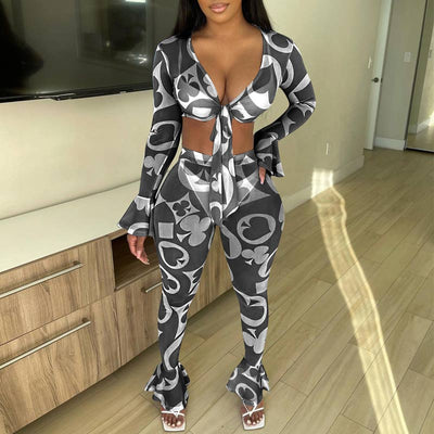 Poker Pattern Sheer Mesh Flared Sleeve Two Piece Set