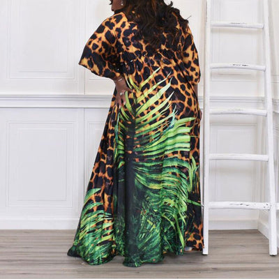 Leopard Leaf Print Half Sleeve Cover Up Dress