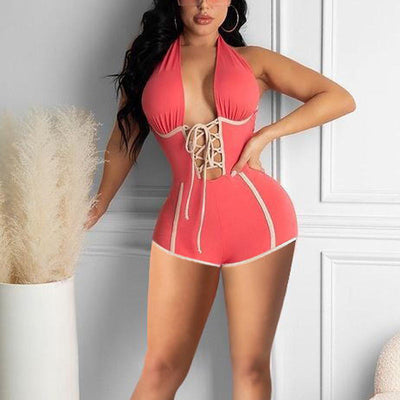 Solid Halter Lace Up Sleeveless Romper
