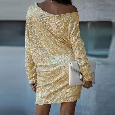 Sequins Oblique Shoulder Long Sleeve Mini Dress