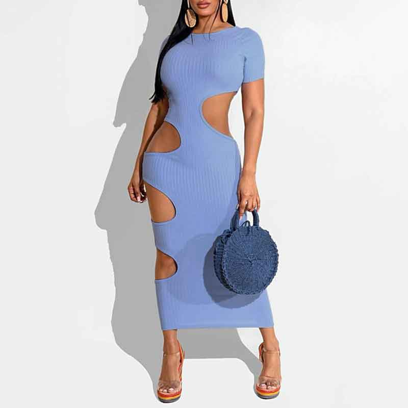 Solid Short Sleeve Cut Out Maxi Dress