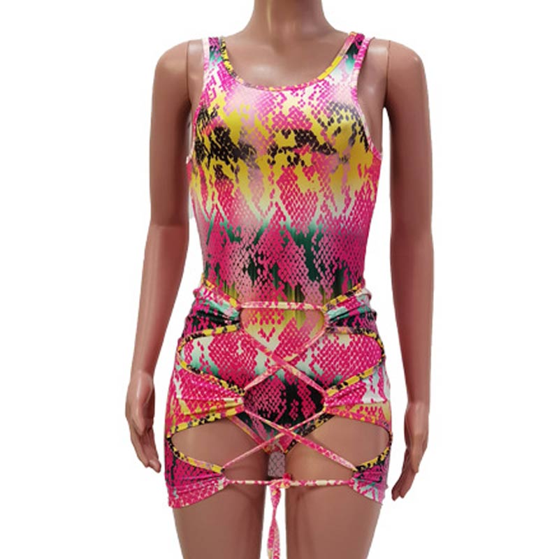 Print Sleeveless Bandage Hollow Out Two Piece Swimsuit Set