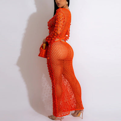 Sequins Hollow Out Long Sleeve Beach Dress