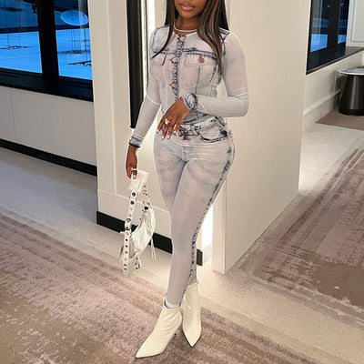 Print Long Sleeve Mesh 2PCS Pants Set