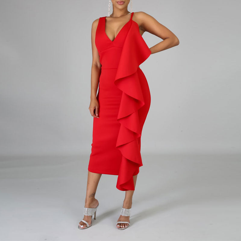 Solid Sleeveless Ruffle Design Midi Dress