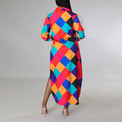 Print Long Sleeve Button Detailed Shirt Dress