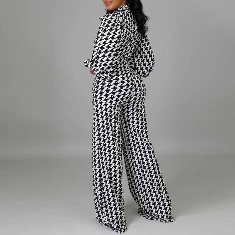 Houndstood Print Lantern Sleeve Belted Jumpsuit