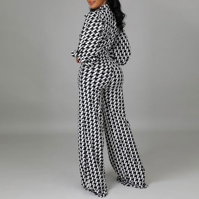 Houndstood Print Lantern Sleeve Belted Jumpsuit